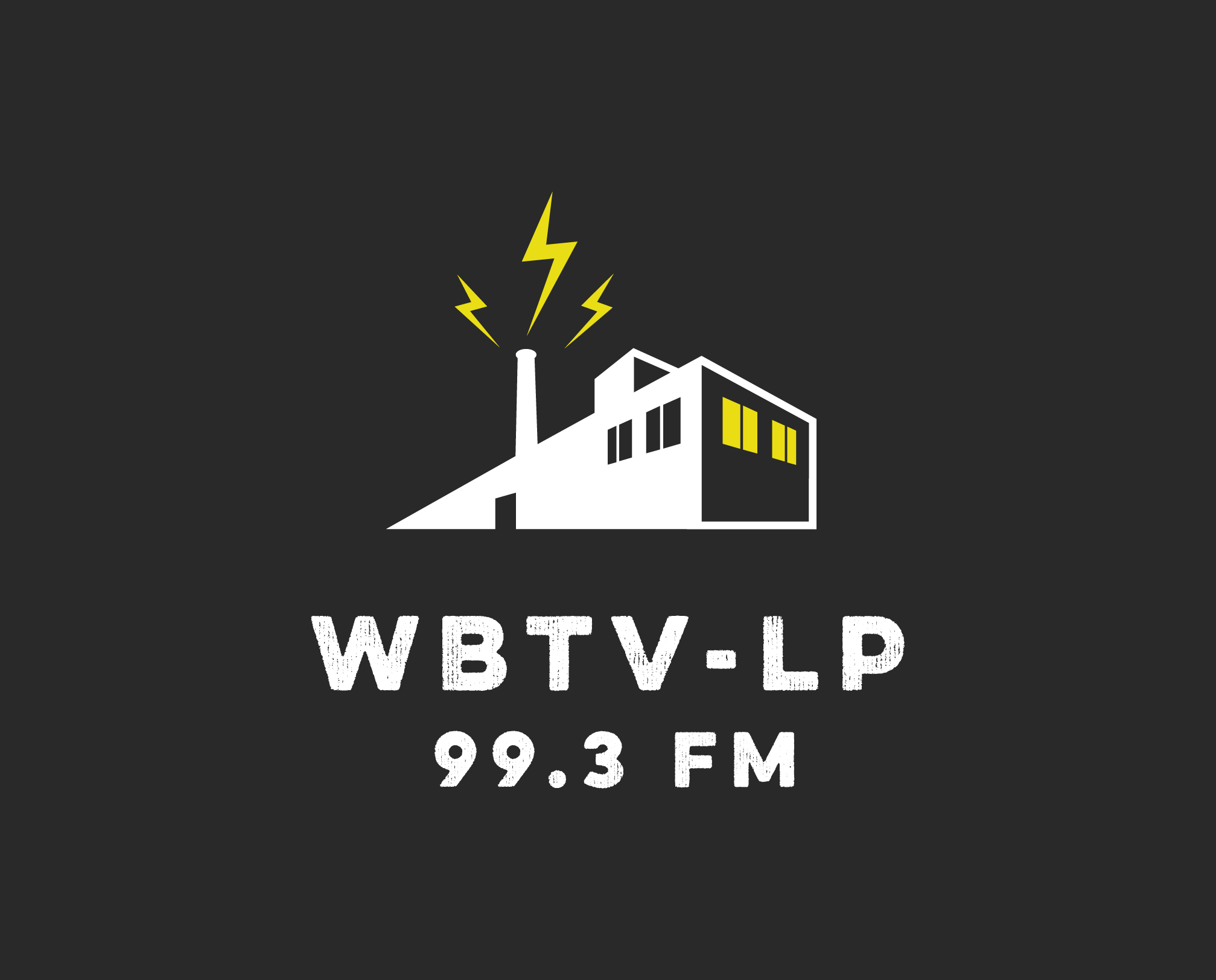 Black and white Media Factory WBTV logo of a warehouse building with yellow windows and yellow lightning coming out of its chimney with the text "WBTV-LP 99.3 FM"